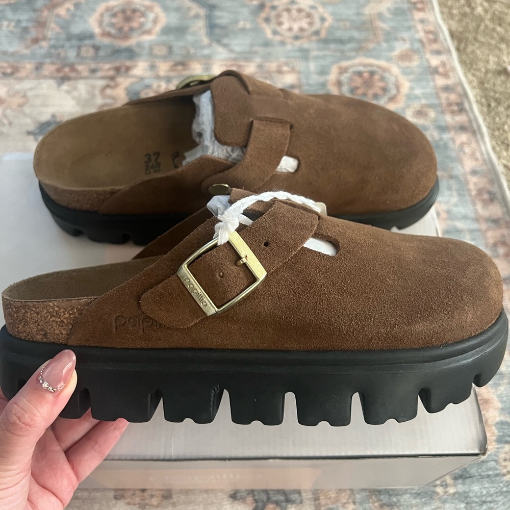 Birkenstock Papillo  Brown Suede Clogs with Black Lug Sole